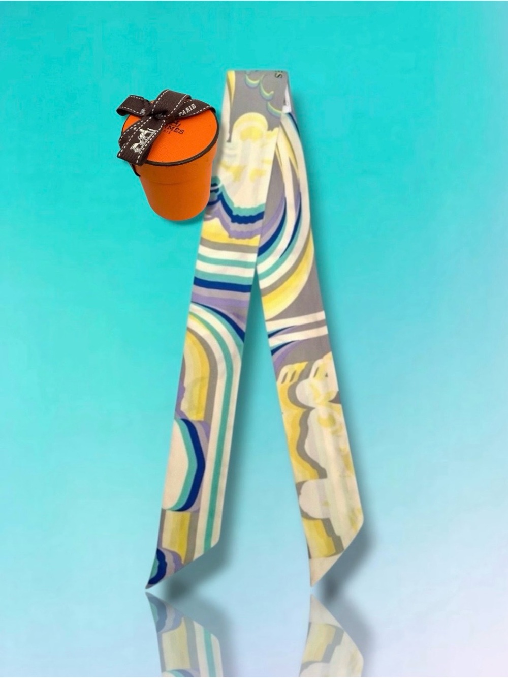 💗HERMES "Brides de Gala Shadow" Silk Twilly Scarf • Yellow, Grey, Vibrant Yellow